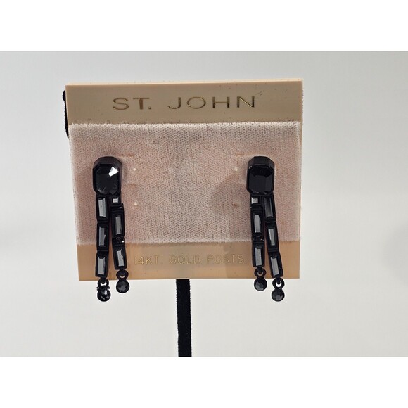NEW NWT St. John Swarovski Crystal Gold Plated Black Drop Dangle Earrings Gift - Picture 2 of 7